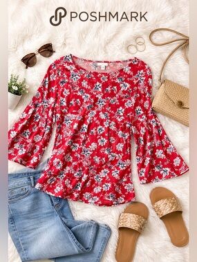 Floral Bell-Sleeve Top - Red